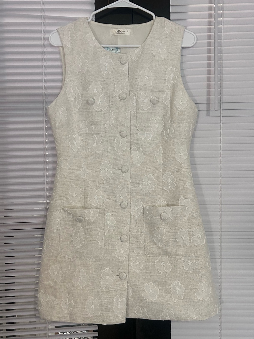 Cream Floral Lace Embroidered Tweed Mini Dress